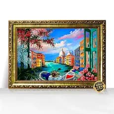 Quadro Decorativo A3 Terraço de Verão em Veneza Vista do Canal Moldura Trabalhada