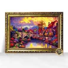 Quadro Decorativo A3 Lugar do Paraíso Chalés com Rio e Reflexo Moldura Trabalhada