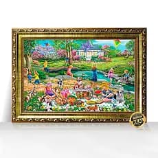 Quadro Decorativo A3 Jardim da Primavera Crianças e Animais Moldura Trabalhada