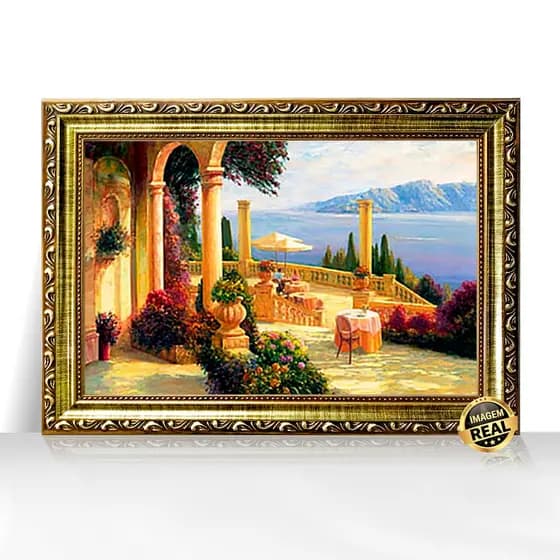 Quadro Decorativo A3 Verão no Lago Como Varanda Italiana Moldura Trabalhada