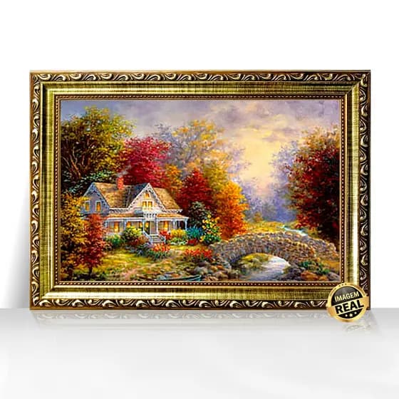 Quadro Decorativo A3 Casa Aconchegante à Beira do Rio com Luzes Moldura Trabalhada