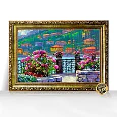 Quadro Decorativo A3 Vila do Lago Estilo Mediterrâneo com Píer e Flores Moldura Trabalhada