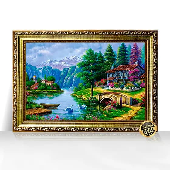 Quadro Decorativo A3 Vila do Lago com Cachoeira Cisnes e Ponte Moldura Trabalhada