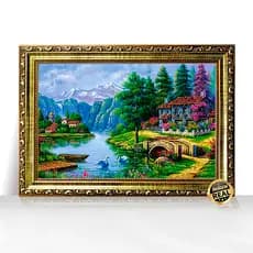 Quadro Decorativo A3 Vila do Lago com Cachoeira Cisnes e Ponte Moldura Trabalhada