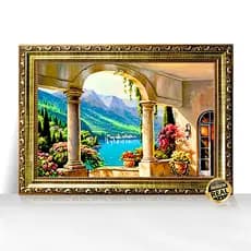 Quadro Decorativo A3 Vista da Varanda com Lago Montanhas e Flores Moldura Trabalhada