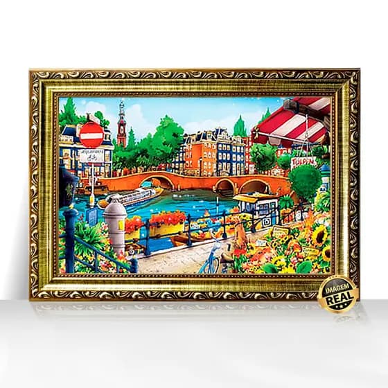 Quadro Decorativo A3 Casas de Amsterdã com Bicicleta Canal e Flores Moldura Trabalhada