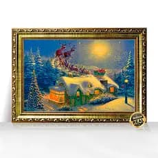 Quadro Decorativo A3 Trenó de Natal Vila Iluminada com Cervos Moldura Trabalhada