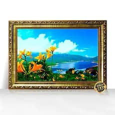 Quadro Decorativo A3 Paisagem Natural com Lago Montanhas e Flores Moldura Trabalhada