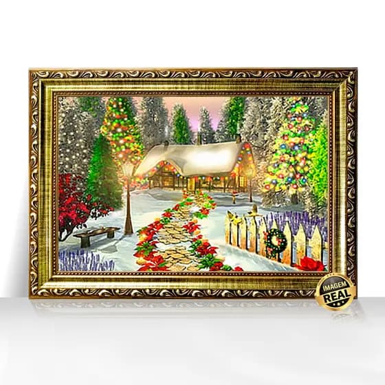 Quadro Decorativo A3 Chalé de Natal com Neve Luzes e Casas Encantadoras Inverno Moldura Trabalhada