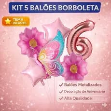 Kit 5 Balões Metalizados Estrela e Borboleta Rosa + 1 ou 2 Números