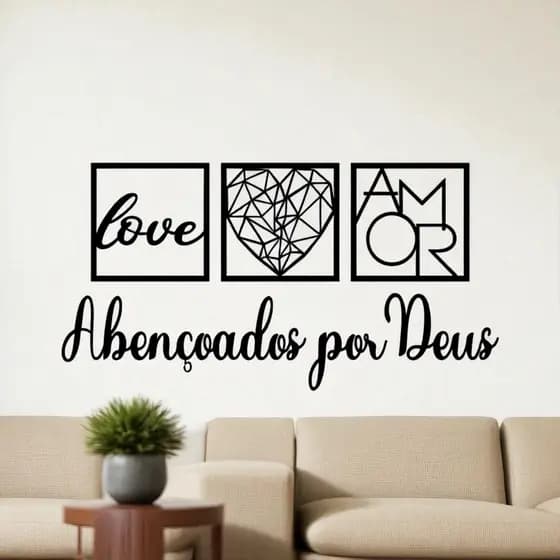 KIT 3 Quadros Abençoados por Deus, Love e Coração Geométrico Amor + Frase de Parede Religioso MDF Preto C/Dupla Face
