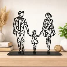 Escultura Família Casal com Filha Geométrico em MDF Preto