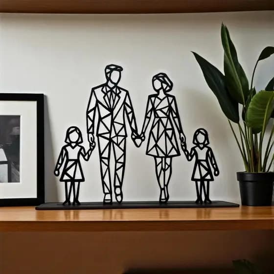 Escultura Casal com Duas Filhas Meninas MDF Preto Decor