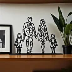 Escultura Casal com Duas Filhas Meninas MDF Preto Decor