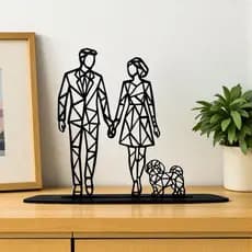 Casal com Cachorro Escultura Geométrica em MDF Preto – Decoração de Salas e Quartos