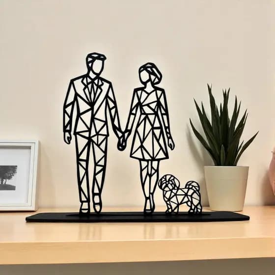 Escultura Geométrica Casal e Cachorro em MDF Preto – Minimalista e Moderna