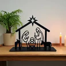 Decoração Natalina Presépio Sagrada Família MDF Preto Na Base