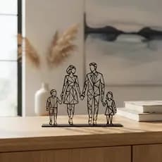 Enfeite Família Pai Mãe Filhos com Base MDF Preto Decoração Contemporânea Amor e União Luxo