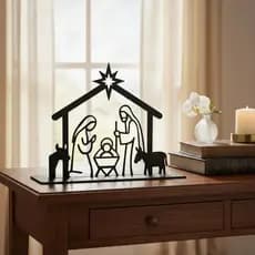 Enfeite Decorativo de Mesa Presépio Natalino Com Base Em MDF Preto 20 Cm Altura Estilo Minimalista