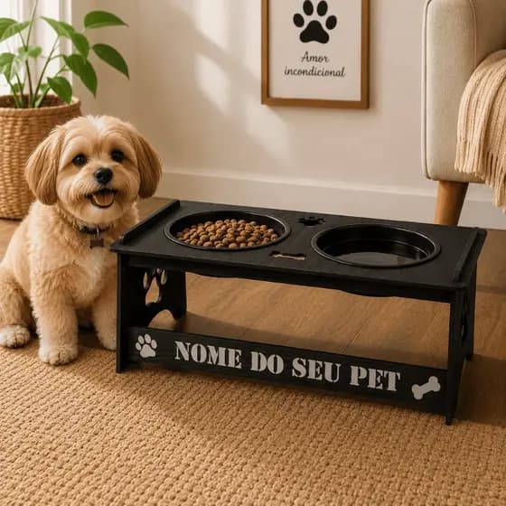 Comedouro Cachorro Elevado Personalizado Nome do Pet MDF Reforçado
