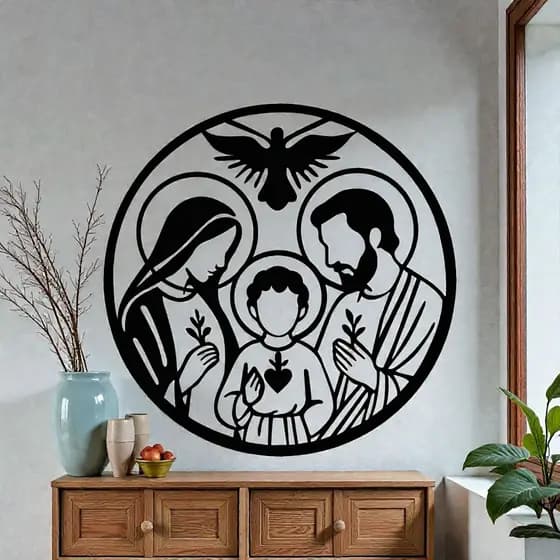 Quadro Decorativo Sagrada Família 30x30cm | Parede Religiosa MDF | Acompanha Fita Dupla Face
