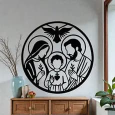 Quadro Decorativo Sagrada Família 30x30cm | Parede Religiosa MDF | Acompanha Fita Dupla Face