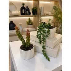 Kit 2 Vasos Para Decoração Suculenta Luxo Pendente + Cacto Artificial Toque Real