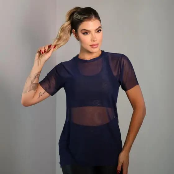 Blusa Tule Transparente Feminina Academia Fitness Manga Longa Camisão CVL