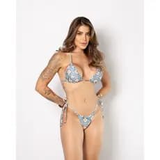 Biquini Cortininha de Lacinho com Bojo Removível Estampa Digital Tecido UV 50+ Estampado Moda Praia Verão Bikini