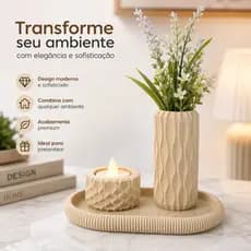Kit Decorativo Home Com Bandeja Oval Vaso Moderno E Castiçal Vela LED Para Sala Lavabo E Escritório