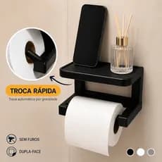 Suporte para Papel Higiênico - Troca Rápida - c/ Prateleira - Adesivo Organizador Banheiro Armário