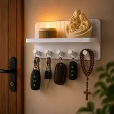 Porta Chaves Sagrada Família Decorativo com Prateleira 5 Ganchos Organizador