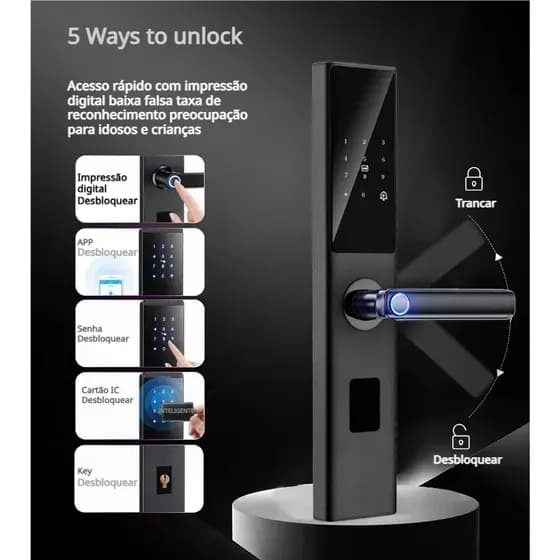 Fechadura Eletrônica Digital 5 em 1 Com Biometria, Bluetooth, Senha Touch, Chave e Tag -M15