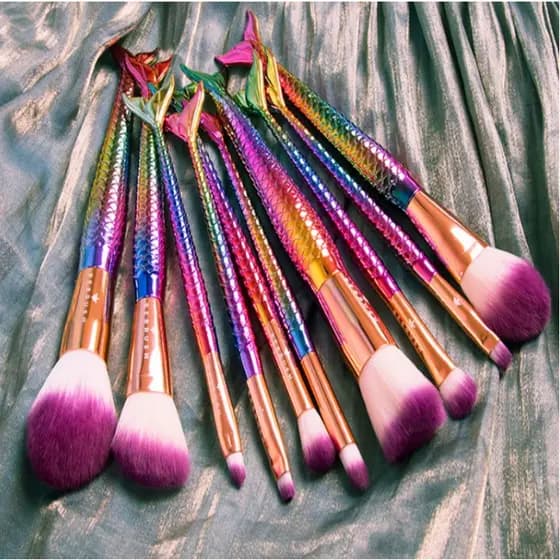 Kit 10 Pincéis Sereia Unicórnio Lindo Maquiagem Para Base Blush E Sombra De Olhos Cerdas Macias