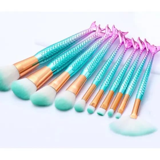 Kit 10 Pincel Sereia Unicórnio Com Estojo Lindo Maquiagem Para Base Blush E Sombra De Olhos Cerdas Macias