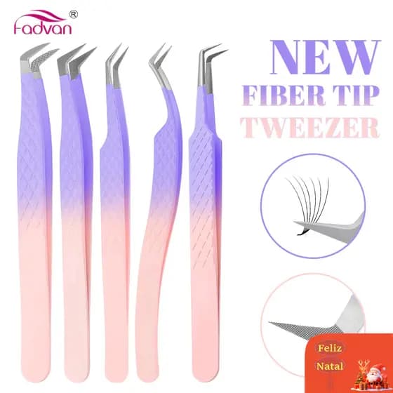 Pinça De Extensão De Pestanas Fadvan De Aço Inoxidável Pontas De Fibra Antiestática Pink Purple