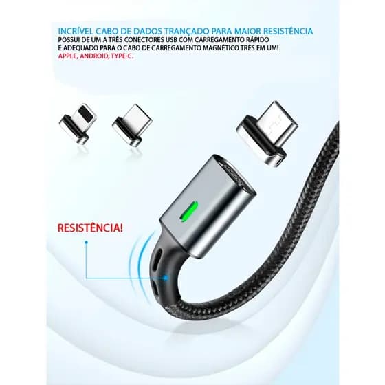 Incrível cabo de dados trançado Premium Elough! Maior resistência, possui de 1 a 3 conectores USB com carregamento rápido magnético 3 - em - 1! Apple, Android, TYPE-C.