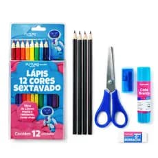 Kit Volta as Aulas Escolar Infantil Completo com 12 Lápis de Cor 4 Lápis Grafite Tesoura Cola Borracha e Apontador