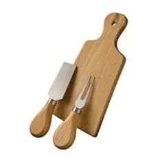 Kit Para Queijo 3 Peças com Tábua De Madeira com Pegador Conjunto Gourmet Talheres Garfo e Faca Inox 3 Peças