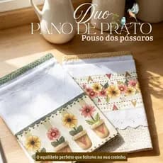 Kit 2 Panos de Prato Artesanais Pássaros| Pano de Copa Decorado | Pano de Prato em Tricoline  | Feito à Mão