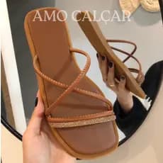 Sandália feminina Flat SLIDE Premium Leve Confortável Calce Fácil e tira de strass