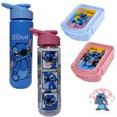 Kit Squeeze Garrafa Stitch 700ml + Porta Lanche Stitch Plástico Academia Lancheira