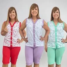Kit 3 Pijama Feminino Pescador Bermuda Senhora Botão Aberto Conjunto Gestante Amamentação Cirurgia