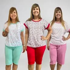 Kit com 3 Pijama Feminino Pescador Verão Malha Manga Japonesa Bermuda Calor Conjunto Estampado