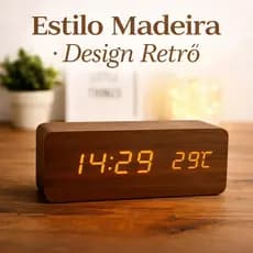 Relógio Digital de Mesa Estilo Madeira  Cabeceira Retrô com Temperatura
