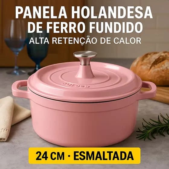 Panela Holandesa de Ferro Fundido Esmaltada 24cm | Alta Retenção de Calor p/ Fogão e Forno