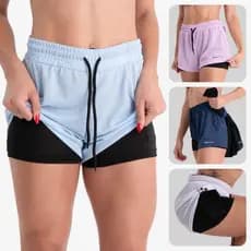 Shorts 2 em 1 Feminino Compressão Academia Caminhadas Corrida Bermuda Dupla Para Treino e Esportes