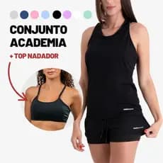 KIT Conjunto Academia Feminino Fitness Regata Nadador e Shorts 2em1 + Top Nadador Preto