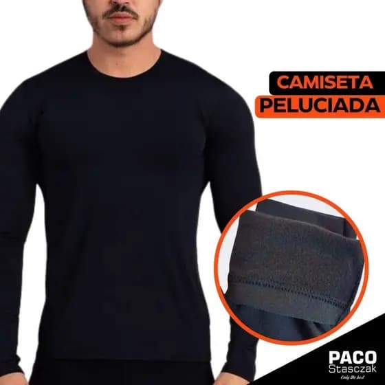 Camiseta Preta Peluciada Masculina Térmica Manga Longa pra Inverno/Frio costura reforçada