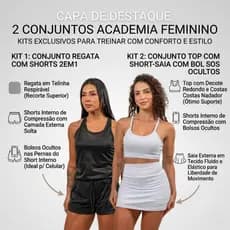 2 Conjuntos Academia Feminino Regata com Shorts 2em1 + Top com ShortSaia Bolsos Ocultos para celular